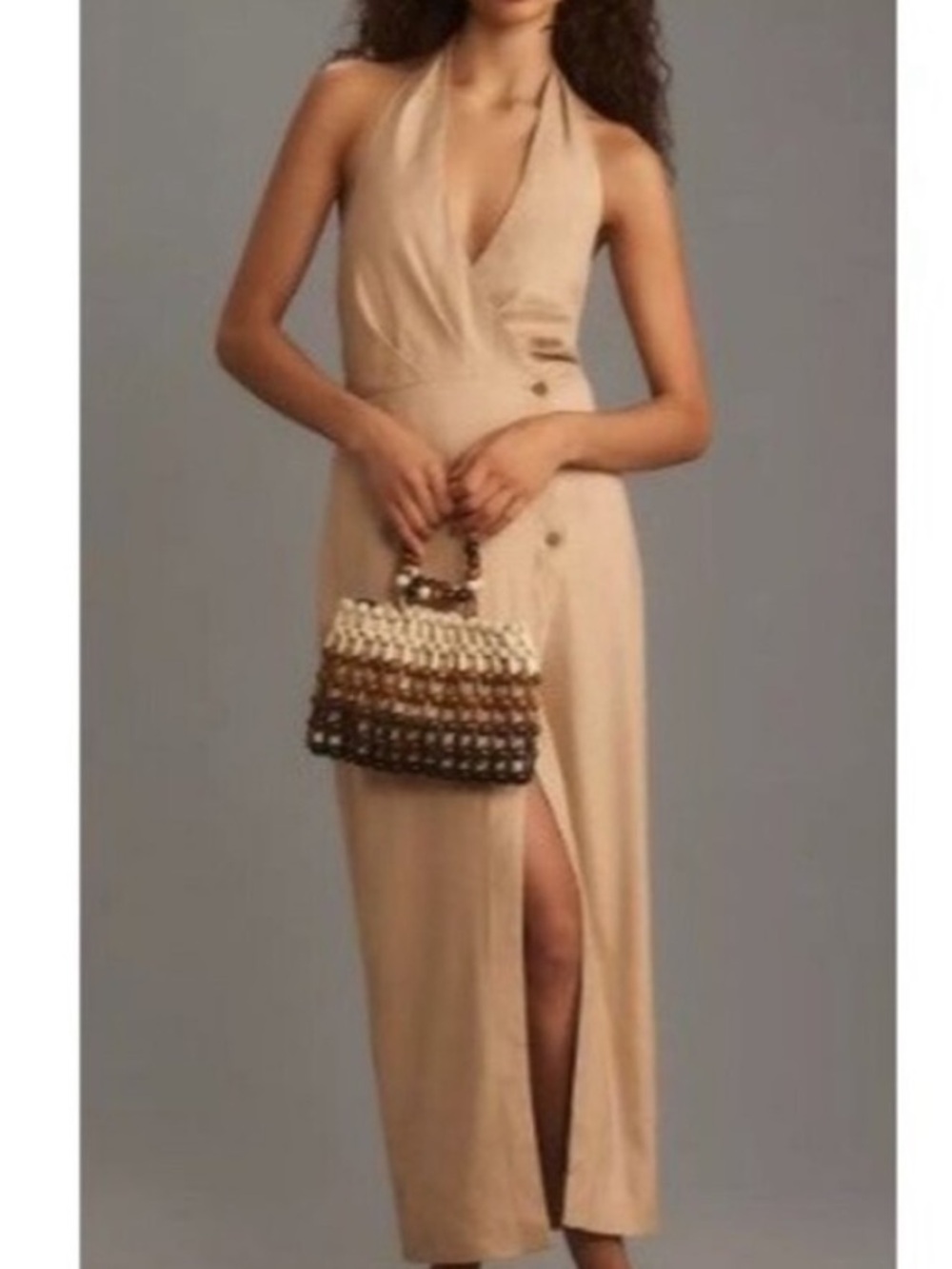 By Anthropologie Linen Halter V-Neck Column Midi Dress